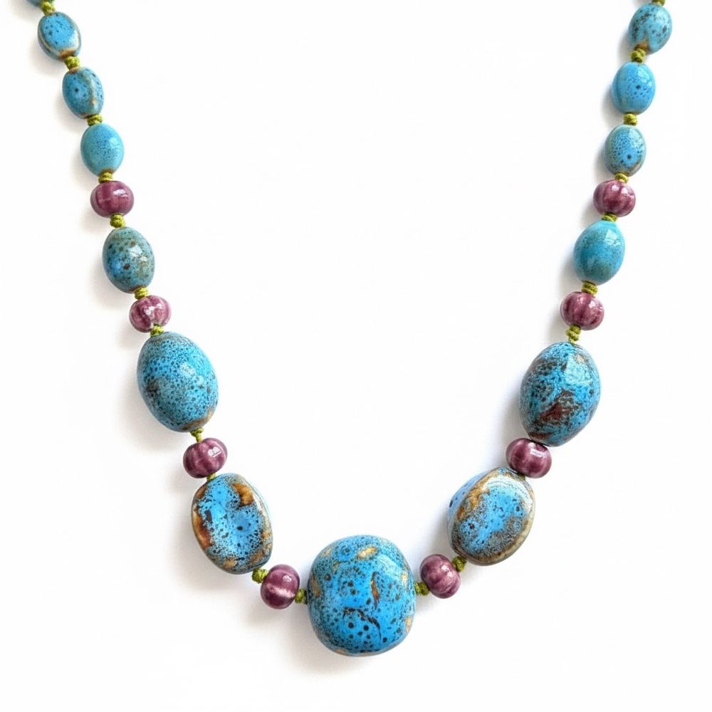 Vintage Artisan Ceramic Bead Statement Necklace Turquoise Speckled 26” Inch - Picture 2 of 15